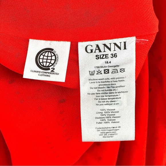 GANNI Mullin Georgette Red Aymmetric Polka Dot Long Sleeve Wrap Midi Maxi Dress - Picture 11 of 16